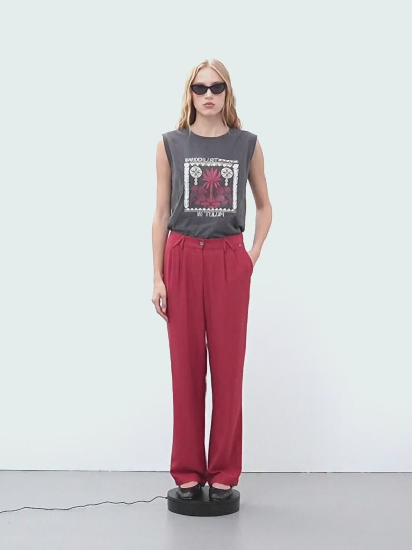 Pantalón recto de mujer con pinzas cintura elástica