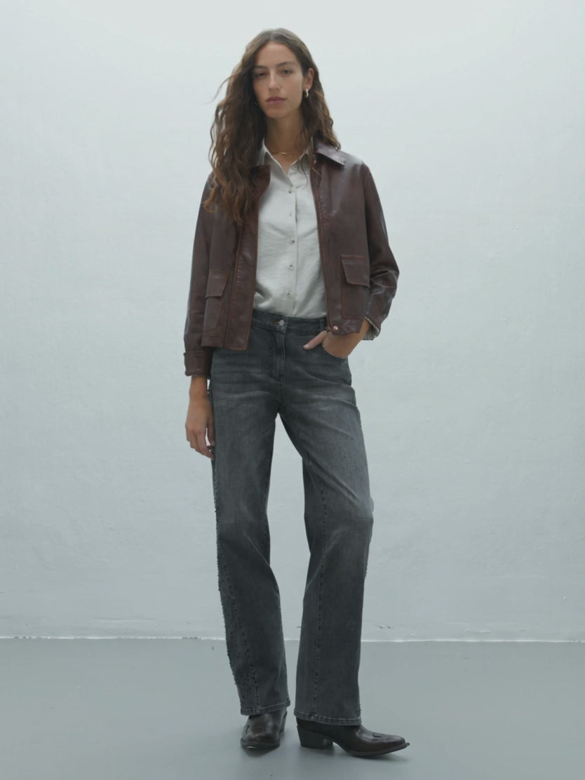 Chaqueta de mujer ecopiel bolsillos plastrón forrada
