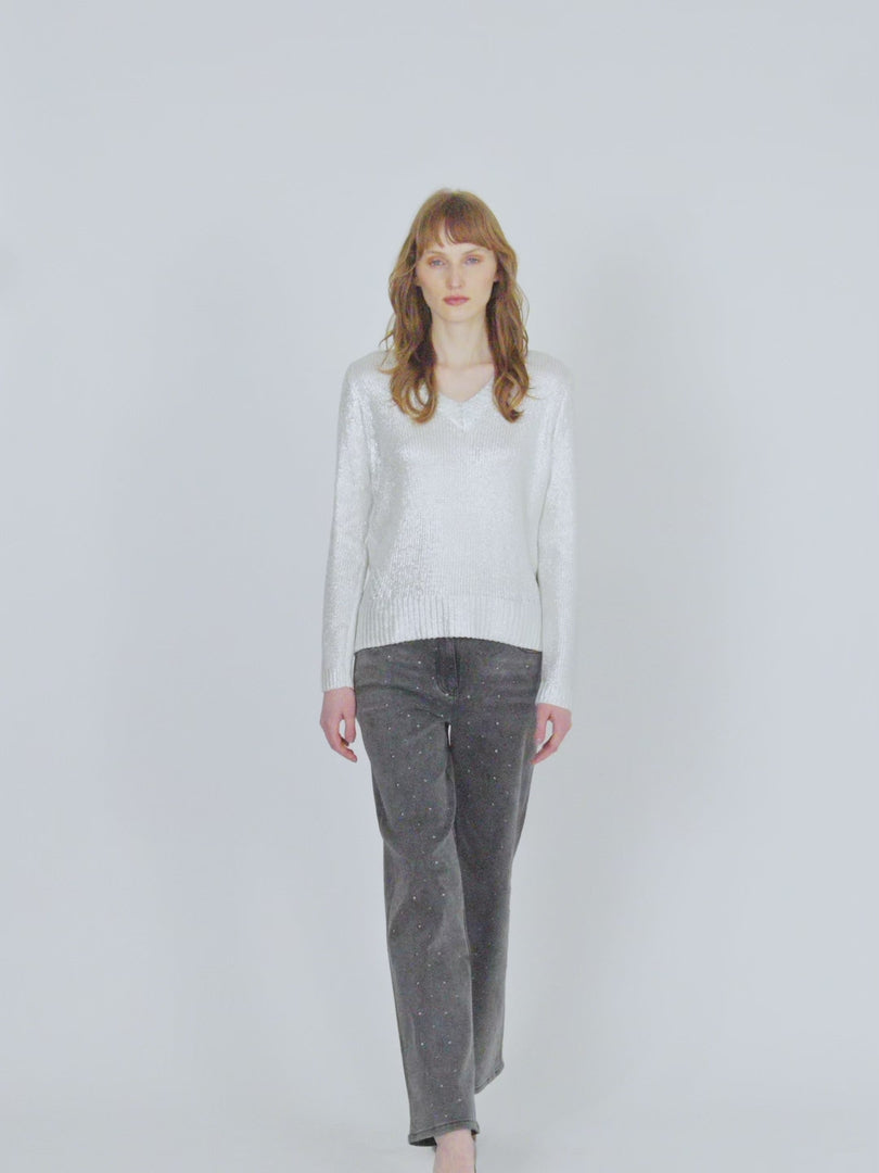 Women's silver laminated V-neck sweater